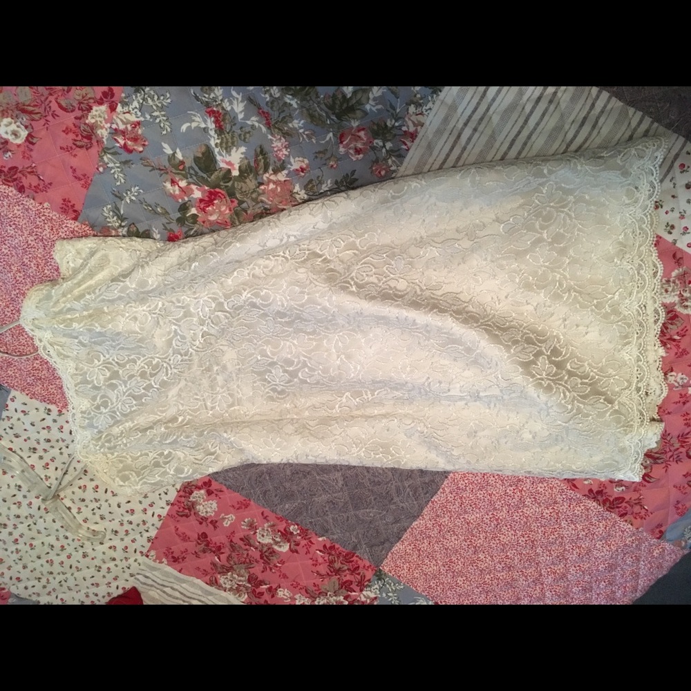 Pale light green dress with off white lace overlay